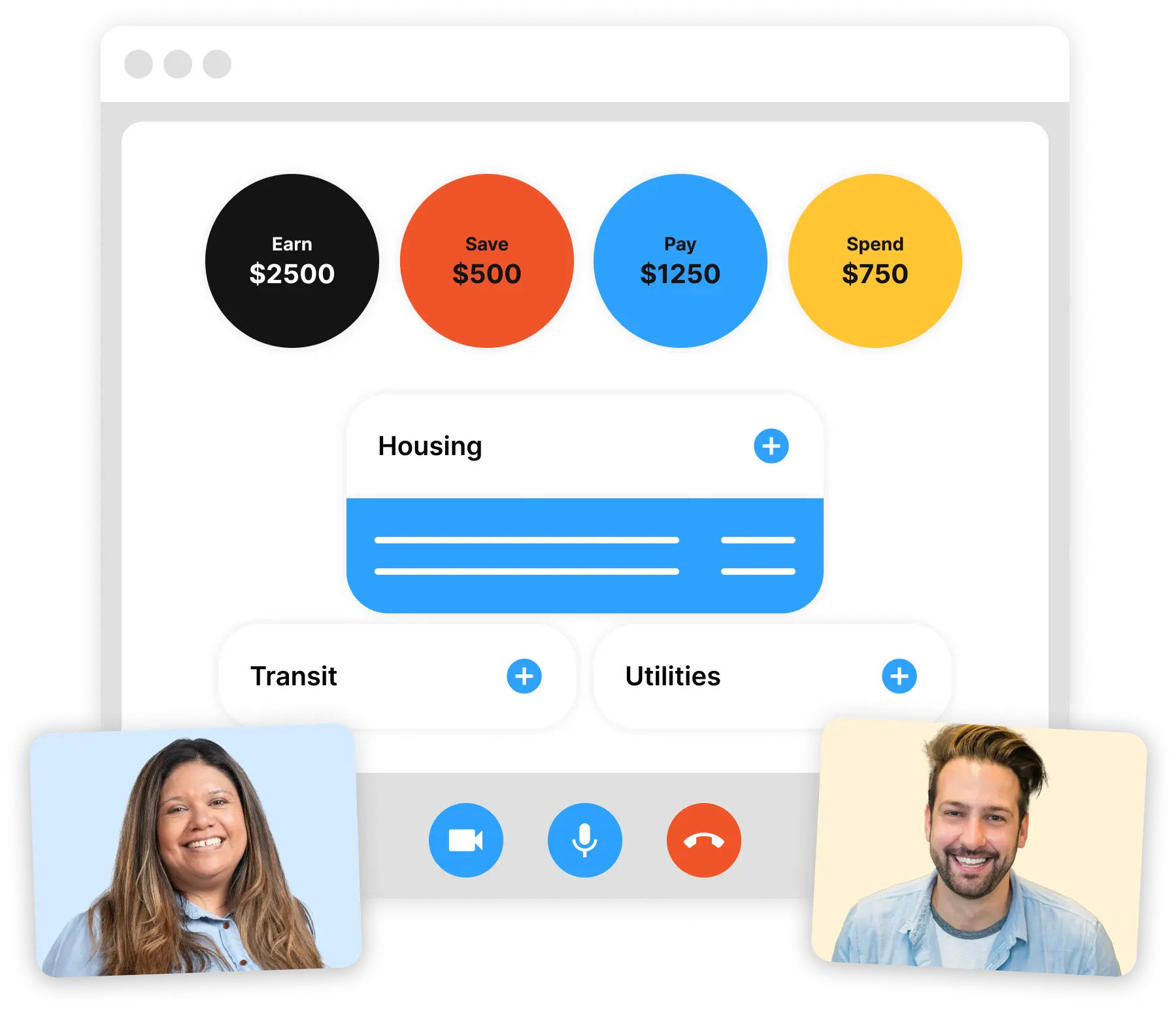Man reviews a visual summary of his monthly budget on the computer screen during a video call with his financial coach.